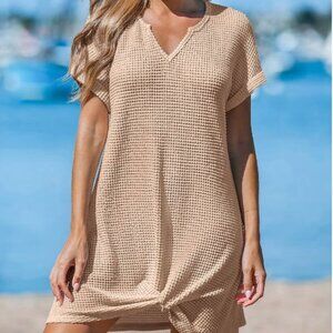 Khaki Notched Neck Short Sleeve Cover-Up Dress